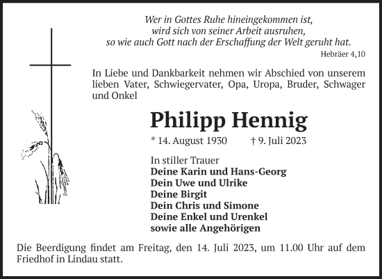 Traueranzeige von Philipp Hennig von Volksstimme Zerbst