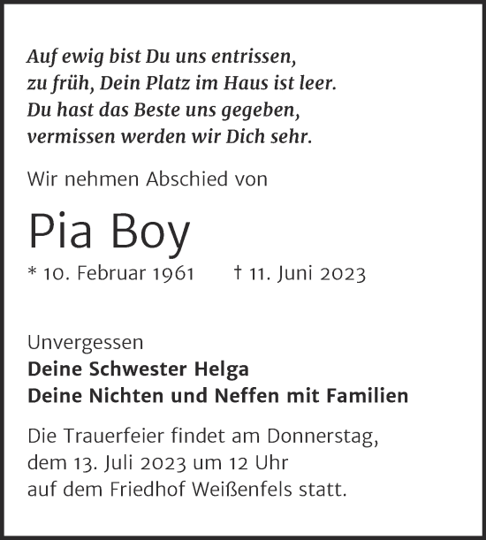 Traueranzeige von Pia Boy von Trauerkombi Weißenfels