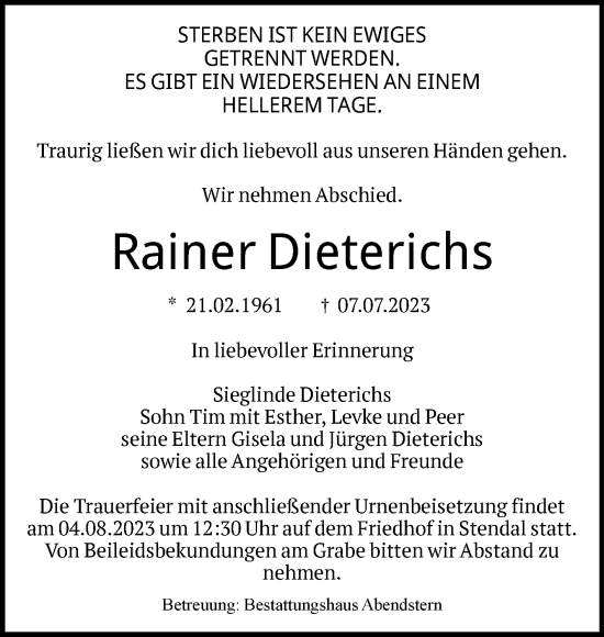 Traueranzeige von Rainer Dieterichs von Volksstimme Altmark Ost