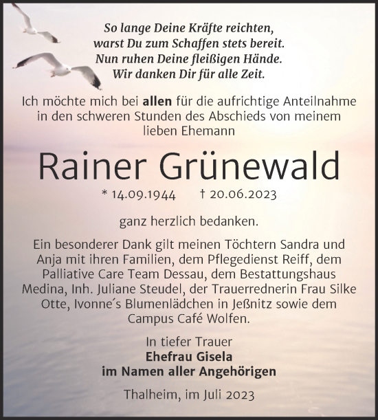 Traueranzeige von Rainer Grünewald von Trauerkombi Bitterfeld