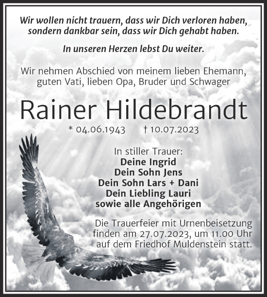 Traueranzeige von Rainer Hildebrandt von Trauerkombi Bitterfeld