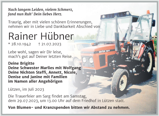 Traueranzeige von Rainer Hübner von Mitteldeutsche Zeitung Weißenfels