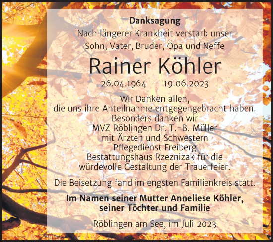Traueranzeige von Rainer Köhler von Trauerkombi Mansfelder Land