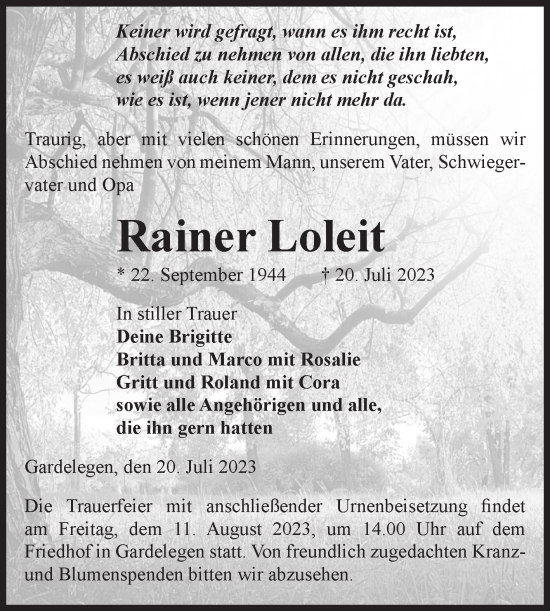 Traueranzeige von Rainer Loleit von Volksstimme Altmark West