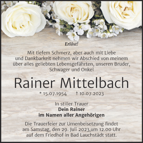 Traueranzeige von Rainer Mittelbach von Trauerkombi Merseburg