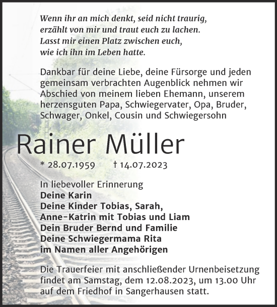 Traueranzeige von Rainer Müller von Trauerkombi Sangerhausen