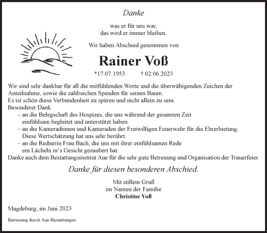 Traueranzeige von Rainer Voß von Volksstimme Magdeburg