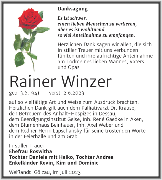 Traueranzeige von Rainer Winzer von Trauerkombi Köthen