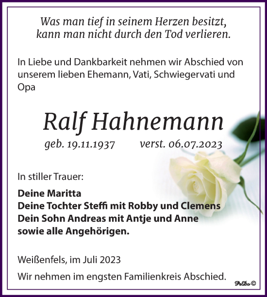 Traueranzeige von Ralf Hahnemann von Trauerkombi Weißenfels