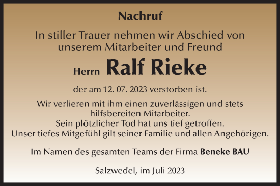 Traueranzeige von Ralf Rieke von Volksstimme Altmark West