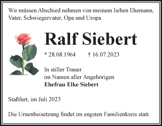 Traueranzeige von Ralf Siebert von Volksstimme Staßfurt