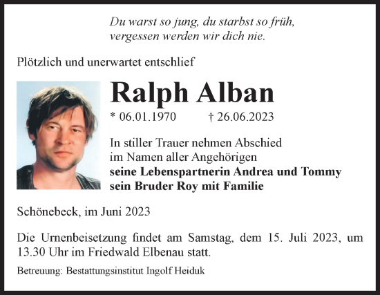 Traueranzeige von Ralph Alban von Volksstimme Schönebeck