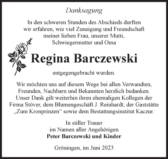 Traueranzeige von Regina Barczewski von Volksstimme Oschersleben/Wanzleben