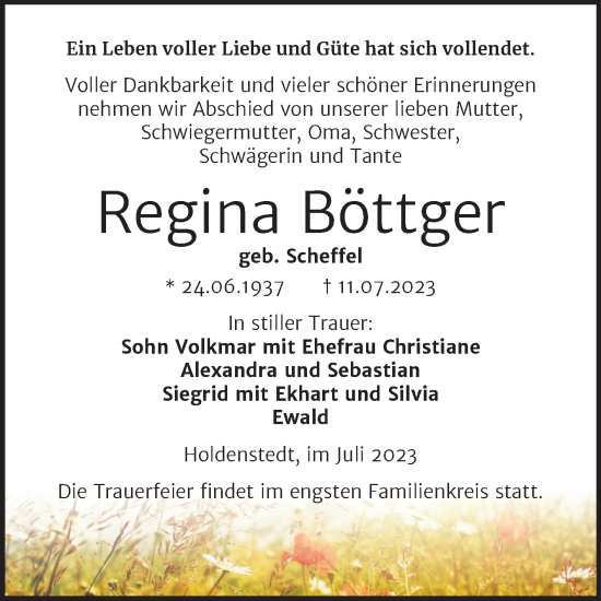 Traueranzeige von Regina Böttger von Trauerkombi Sangerhausen