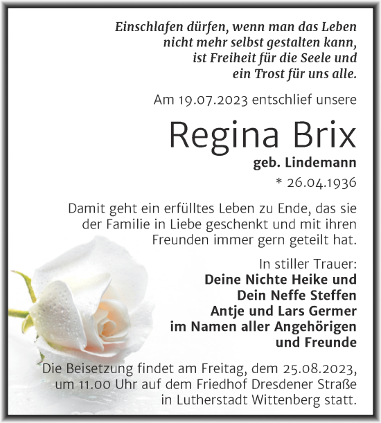 Traueranzeige von Regina Brix von Trauerkombi Wittenberg