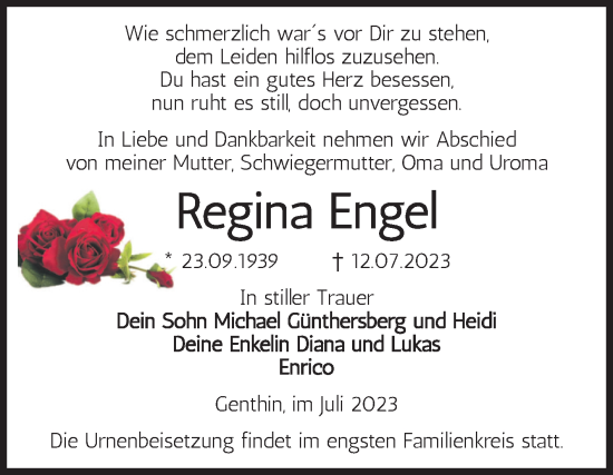 Traueranzeige von Regina Engel von Volksstimme Burg/Genthin