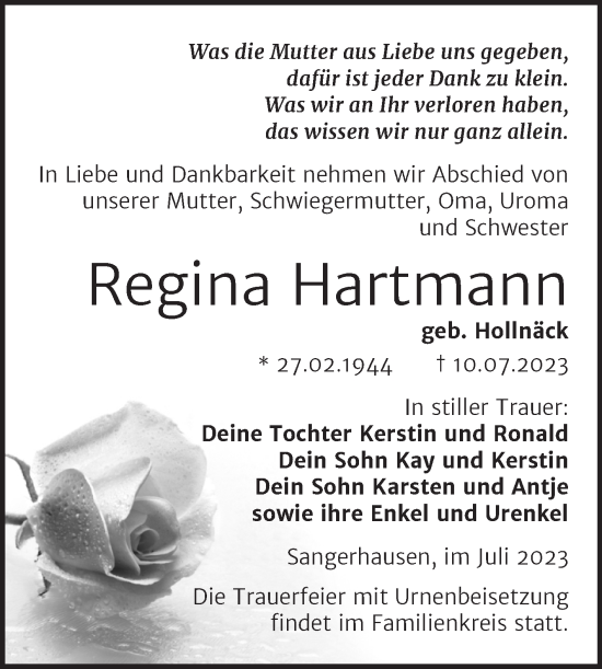 Traueranzeige von Regina Hartmann von Trauerkombi Sangerhausen