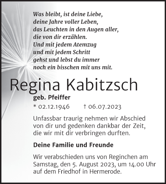 Traueranzeige von Regina Kabitzsch von Trauerkombi Mansfelder Land