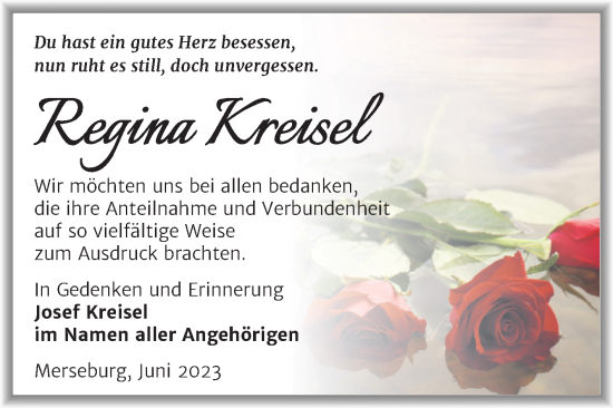 Traueranzeige von Regina Kreisel von Trauerkombi Merseburg