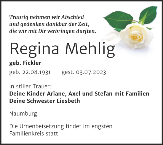 Traueranzeige von Regina Mehlig von Wochenspiegel Naumburg/Nebra