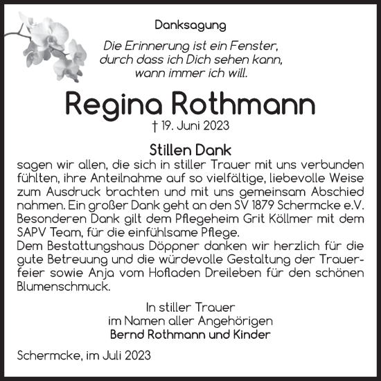 Traueranzeige von Regina Rothmann von Volksstimme Oschersleben/Wanzleben