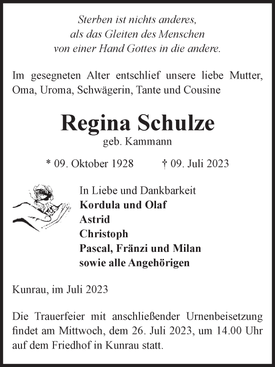 Traueranzeige von Regina Schulze von Volksstimme Altmark West