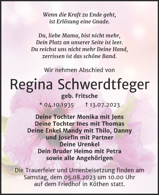 Traueranzeige von Regina Schwerdtfeger von Trauerkombi Köthen