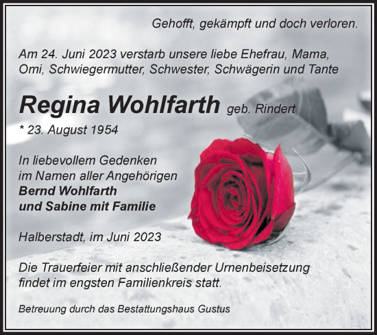 Traueranzeige von Regina Wohlfarth von Volksstimme Halberstadt
