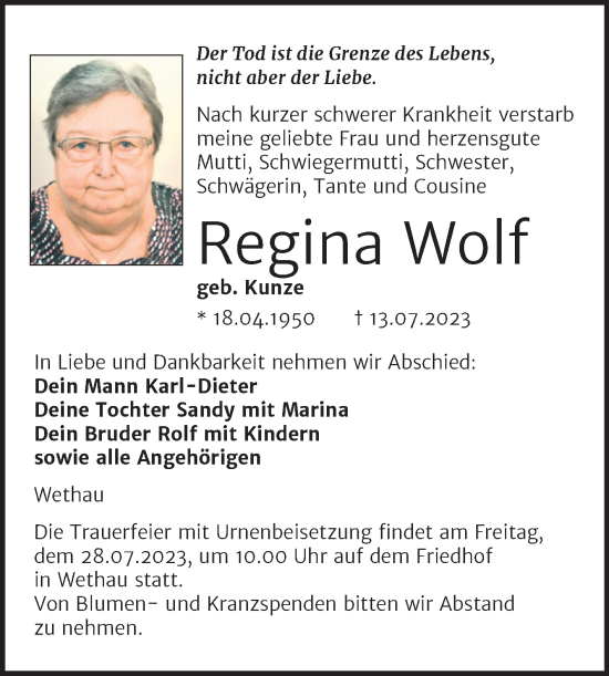 Traueranzeige von Regina Wolf von Naumburger Tageblatt