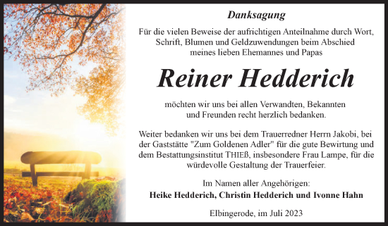 Traueranzeige von Reiner Hedderich von Volksstimme Wernigerode