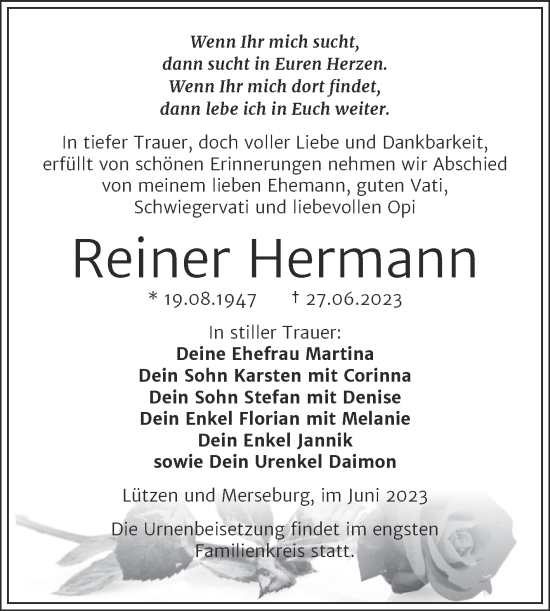 Traueranzeige von Reiner Hermann von Trauerkombi Weißenfels