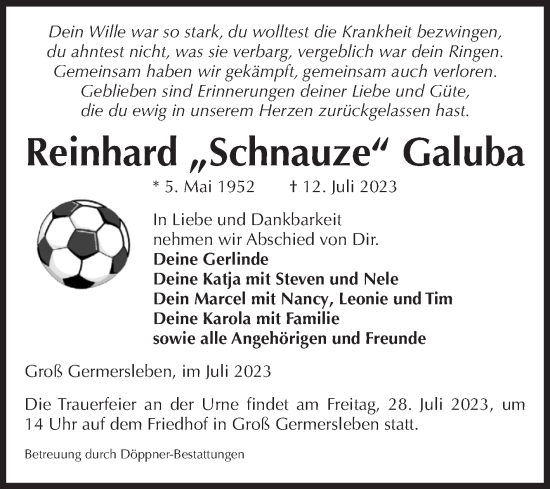 Traueranzeige von Reinhard Galuba von Volksstimme Oschersleben/Wanzleben