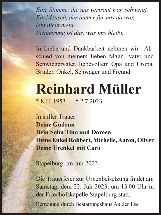 Traueranzeige von Reinhard Müller von Volksstimme Wernigerode