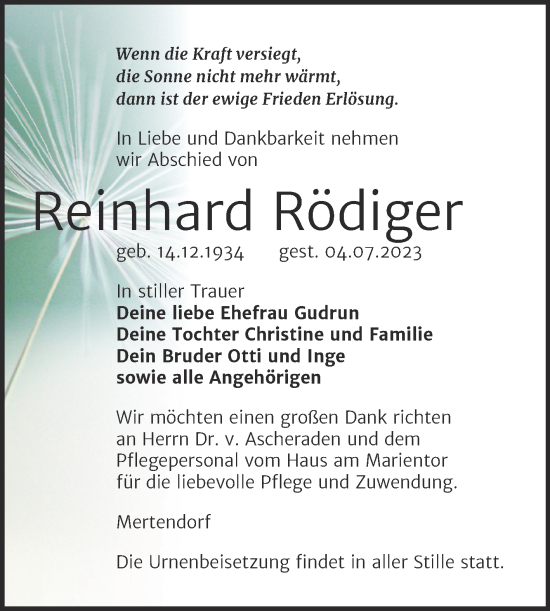 Traueranzeige von Reinhard Rödiger von Wochenspiegel Naumburg/Nebra