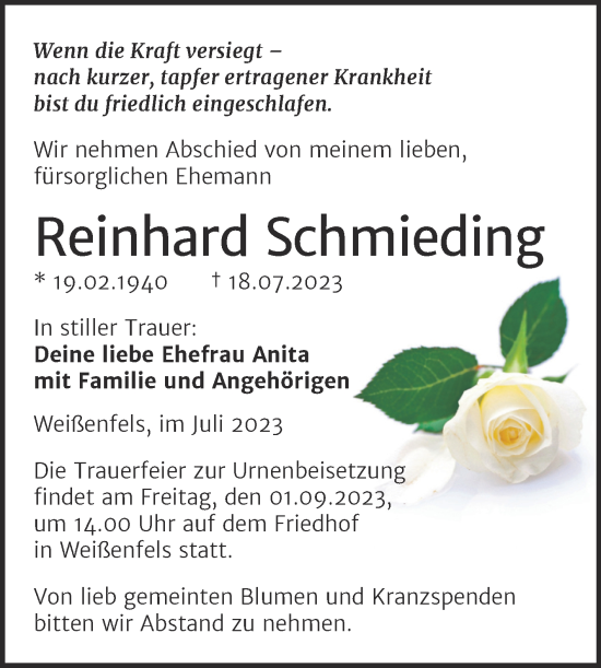 Traueranzeige von Reinhard Schmieding von Trauerkombi Weißenfels