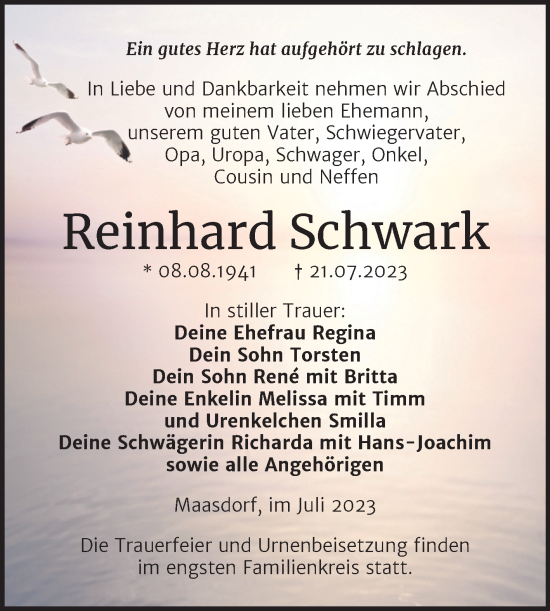 Traueranzeige von Reinhard Schwark von Trauerkombi Köthen