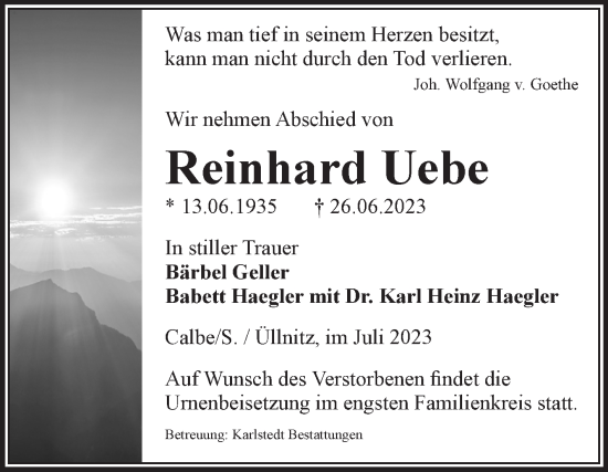 Traueranzeige von Reinhard Uebe von Volksstimme Schönebeck