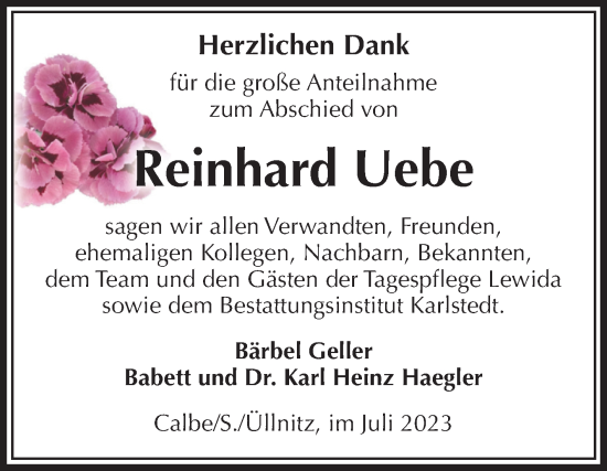 Traueranzeige von Reinhard Uebe von Volksstimme Schönebeck