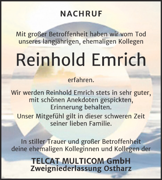 Traueranzeige von Reinhold Emrich von Super Sonntag Quedlingburg
