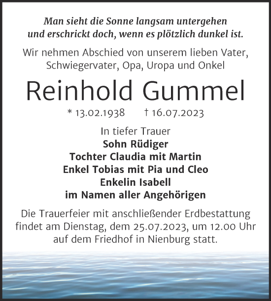 Traueranzeige von Reinhold Gummel von Trauerkombi Bernburg