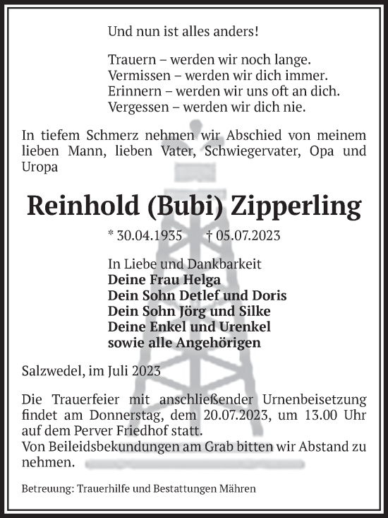 Traueranzeige von Reinhold Zipperling von Volksstimme Altmark West