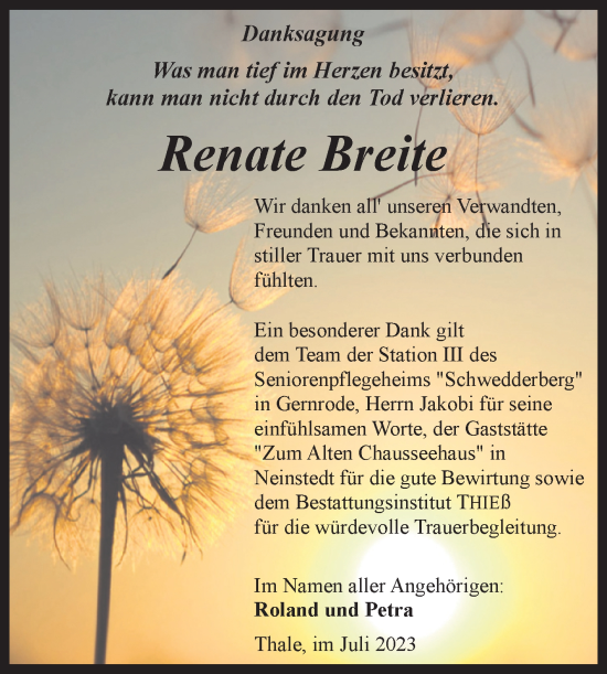 Traueranzeige von Renate Breite von Trauerkombi Quedlinburg