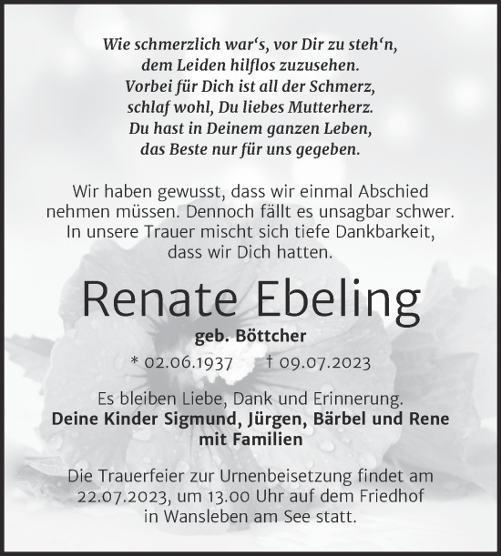 Traueranzeige von Renate Ebeling von Trauerkombi Mansfelder Land