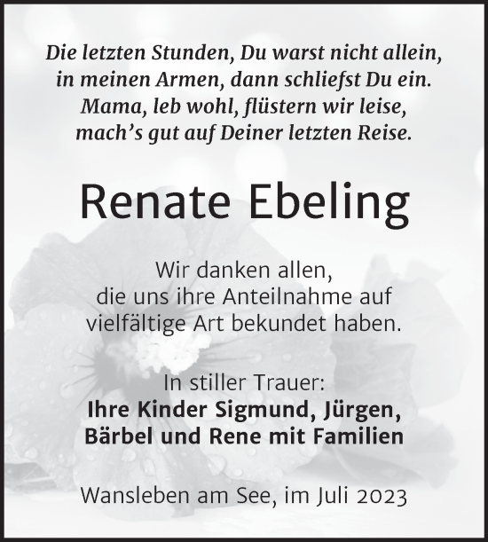 Traueranzeige von Renate Ebeling von Trauerkombi Mansfelder Land