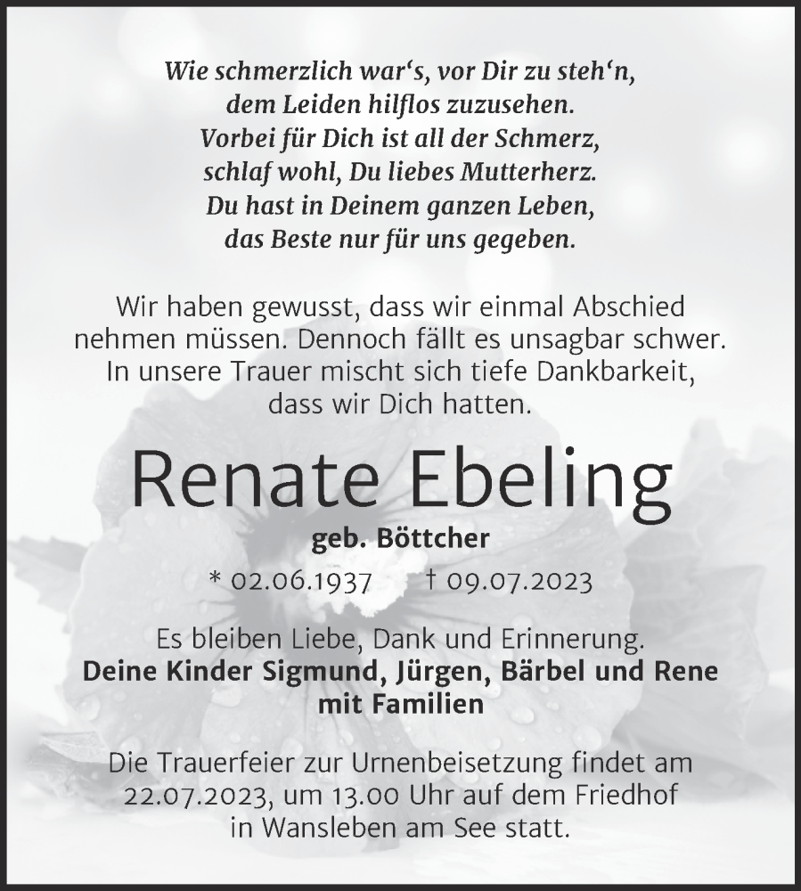  Traueranzeige für Renate Ebeling vom 15.07.2023 aus Trauerkombi Mansfelder Land