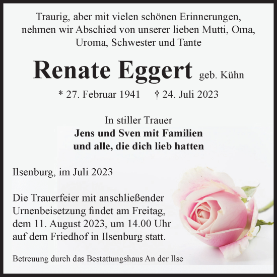 Traueranzeige von Renate Eggert von Volksstimme Wernigerode