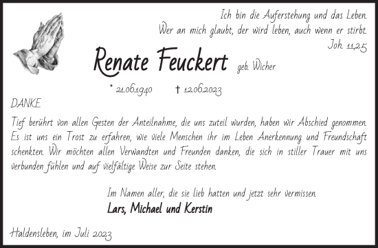 Traueranzeige von Renate Feuckert von Volksstimme Haldensleben/Wolmirstedt