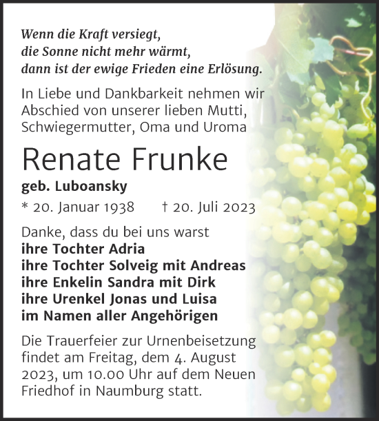 Traueranzeige von Renate Frunke von Naumburger Tageblatt