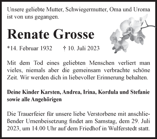 Traueranzeige von Renate Grosse von Volksstimme Oschersleben/Wanzleben