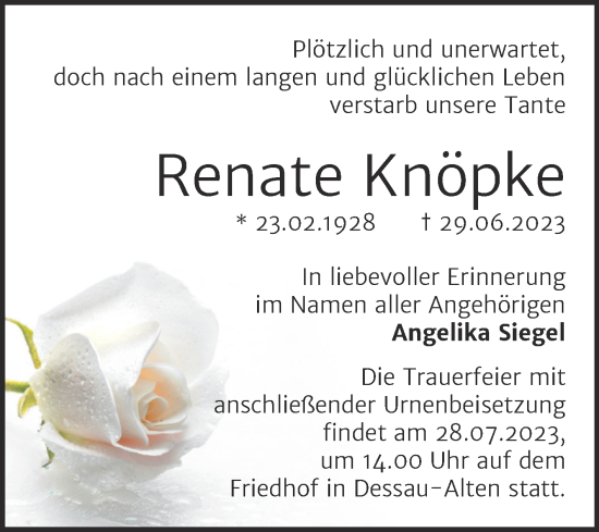 Traueranzeige von Renate Knöpke von Trauerkombi Dessau